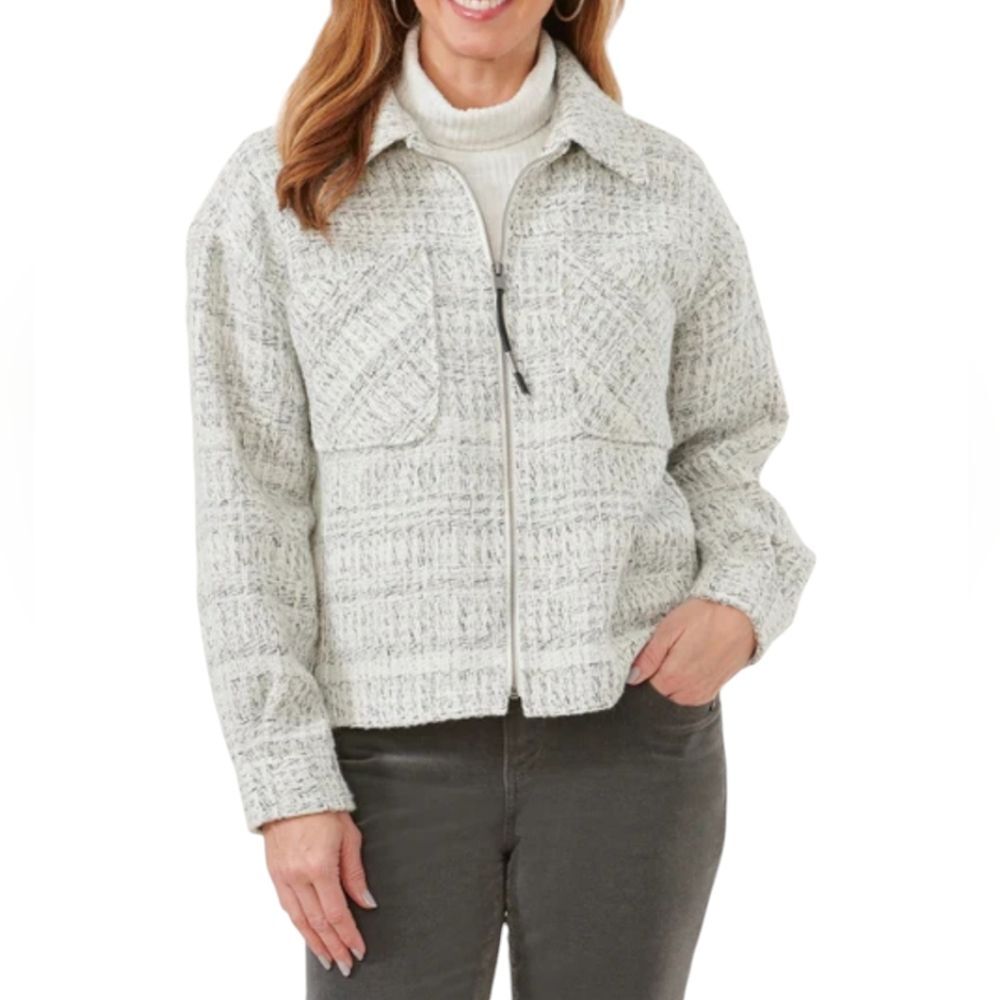 DEMOCRACY Long Sleeve Zip Patch Pocket Crop Shacket, Size XL, gray/white, tweed